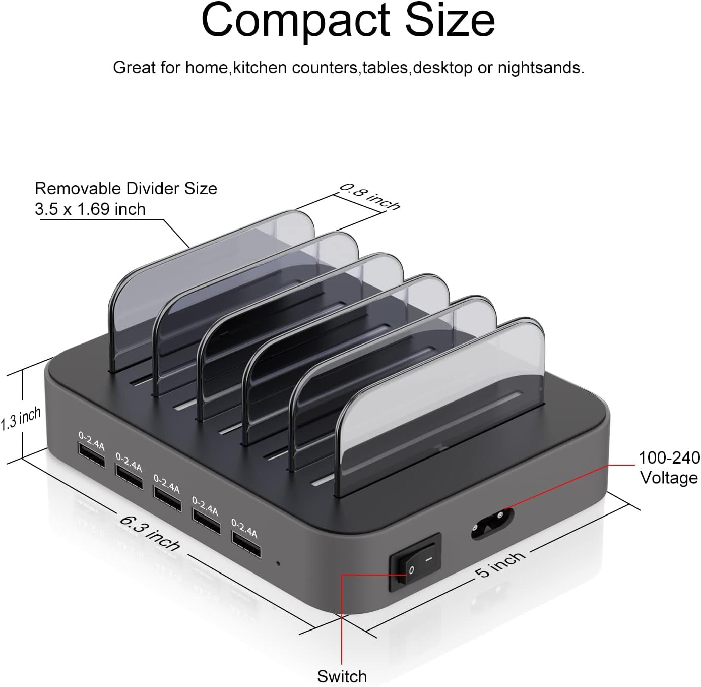 Charging Station for Multiple Devices,  5 Port Multi USB Charger Station with Power Switch Designed for Iphone Ipad Cell Phone Tablets (Gray, 7 Mixed Short Cables Included)