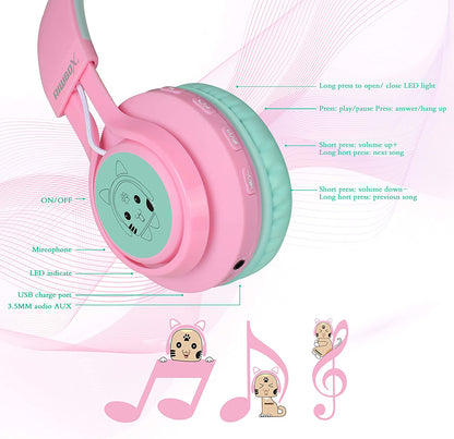 CT-7 Cat Ear Bluetooth Headphones, LED Light up Bluetooth Wireless over Ear Headphones with Microphone and Volume Control for Iphone/Ipad/Smartphones/Laptop/Pc/Tv